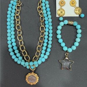 Brand new Set Blue and Gold Necklace with Iridescent Pendant,bracelet n earrings